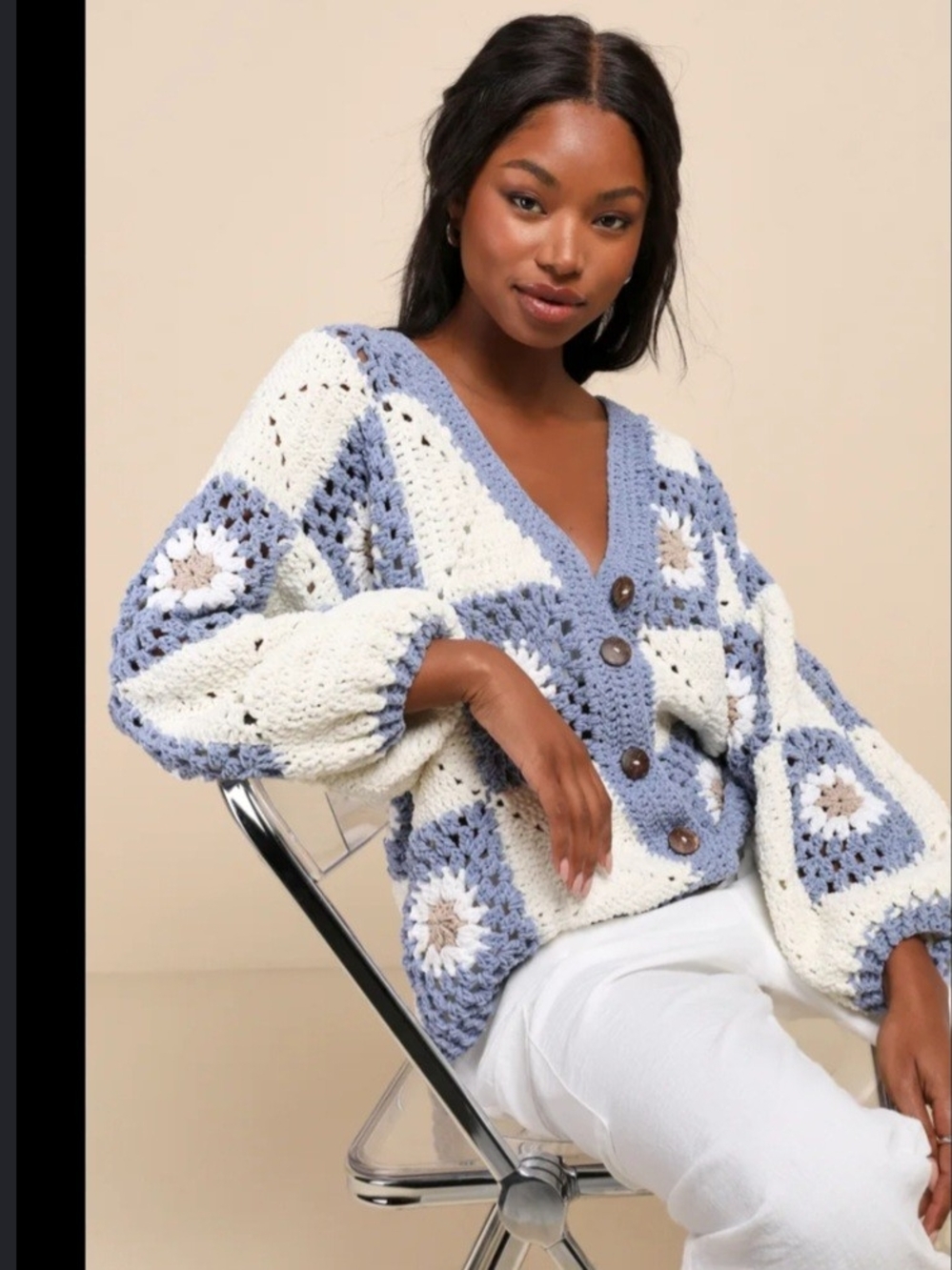 Sadie & Sage Crocheted Button-Front Cardigan - Blue & Cream